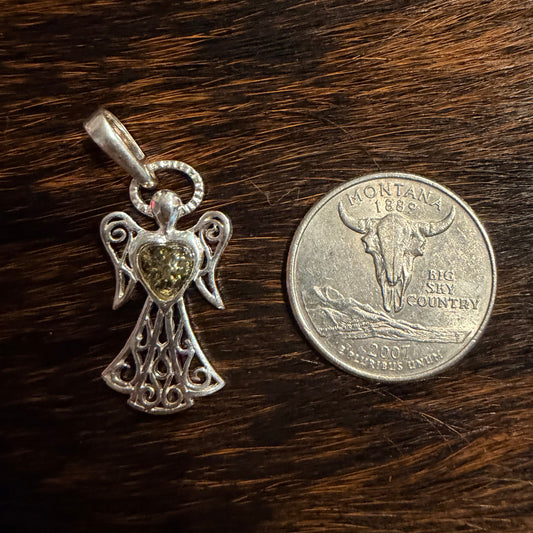 Angel Pendant Charm with Green Amber Heart | 925 Sterling Silver