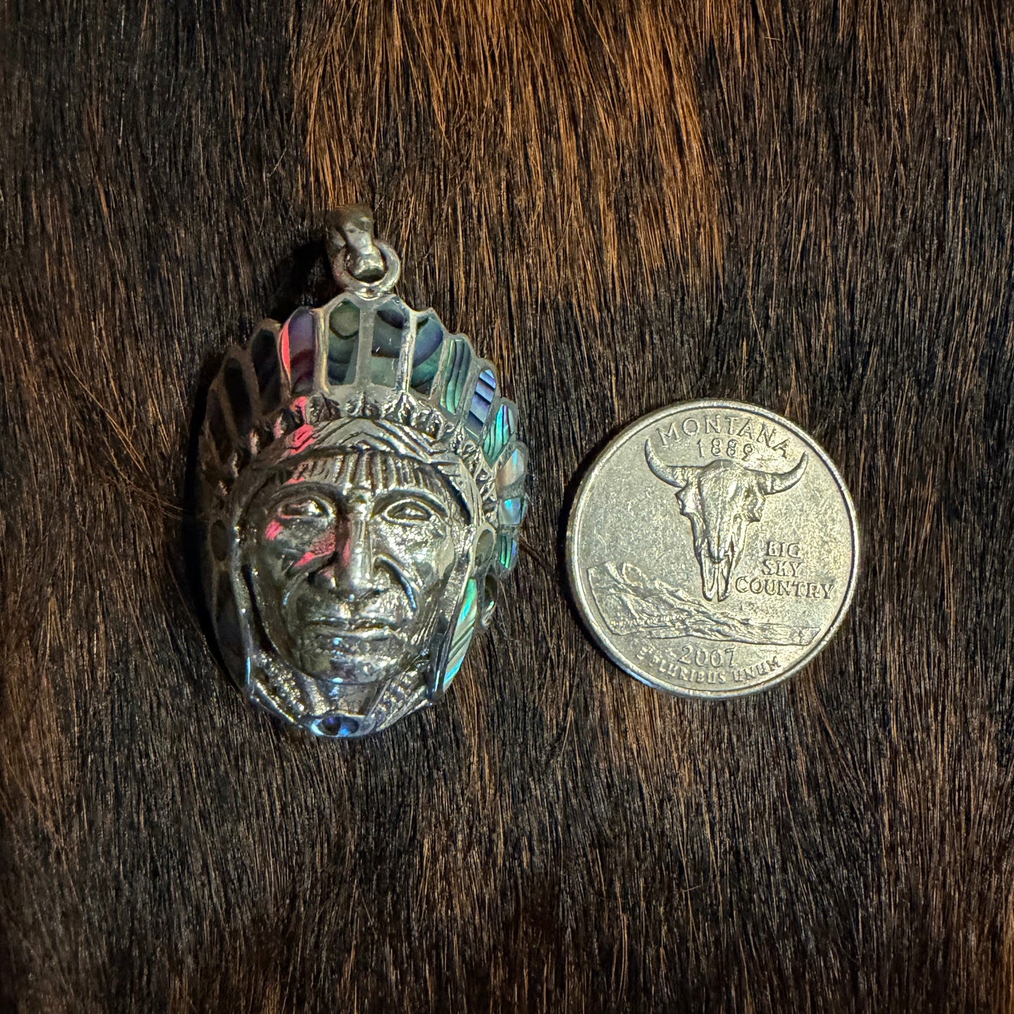 Abalone Inlay Native Chief Head Pendant | 925 Sterling Silver