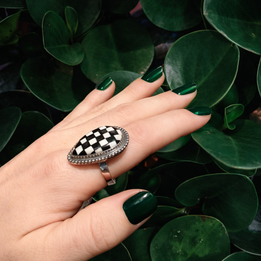 Black & White Checkerboard Inlay Ring | 925 Sterling Silver