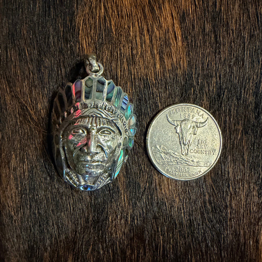 Abalone Inlay Native Chief Head Pendant | 925 Sterling Silver