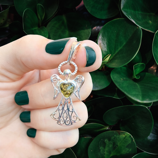 Angel Pendant Charm with Green Amber Heart | 925 Sterling Silver