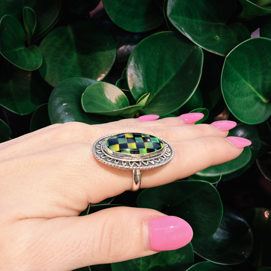 Collector’s Piece | Green Fire Opal Checkered Inlay Statement Ring | 925 Sterling Silver