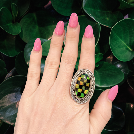 Collector’s Piece | Green Fire Opal Checkered Inlay Statement Ring | 925 Sterling Silver