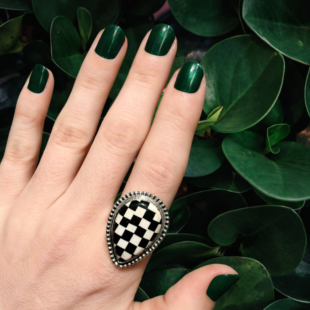 Black & White Checkerboard Inlay Ring | 925 Sterling Silver