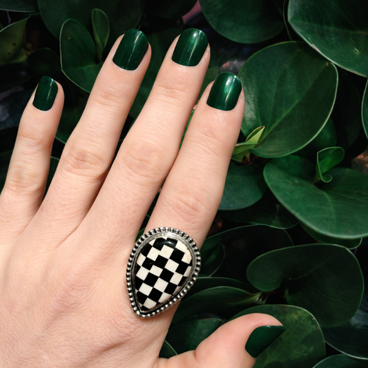 Black & White Checkerboard Inlay Ring | 925 Sterling Silver